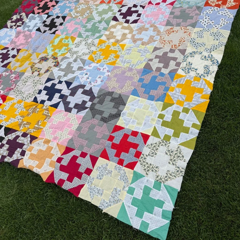Rare Vintage Handmade Scrappy Patchwork Quilt Top Colorful Cotton Folk Art 92x82